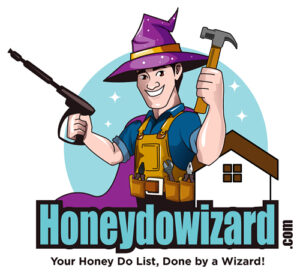 Un manitas de dibujos animados con una capa y un sombrero de mago morado sostiene un martillo y un taladro eléctrico delante de una casa. El texto dice "Honeydowizard.com - ¡Servicios mágicos de manitas para tu Lista de Cosas por Hacer! Mago Manitas de la Lista de Cosas por Hacer