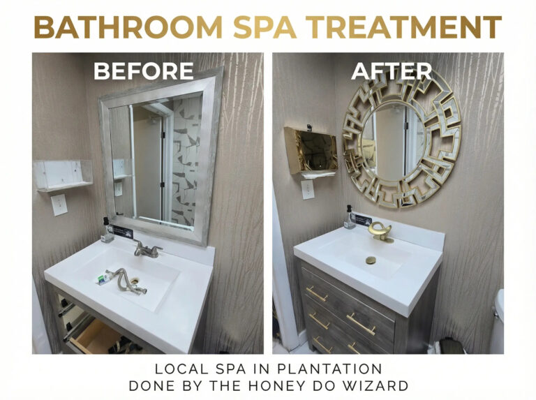 Side-by-side photos of a bathroom vanity before and after a makeover; before: plain mirror, old faucet; after: decorative round mirror, new faucet, and stylish vanity. Text reads "Bathroom Spa Treatment" and "Local spa in Plantation done by The Honey Do Wizard. Honey Do List Wizard Handyman